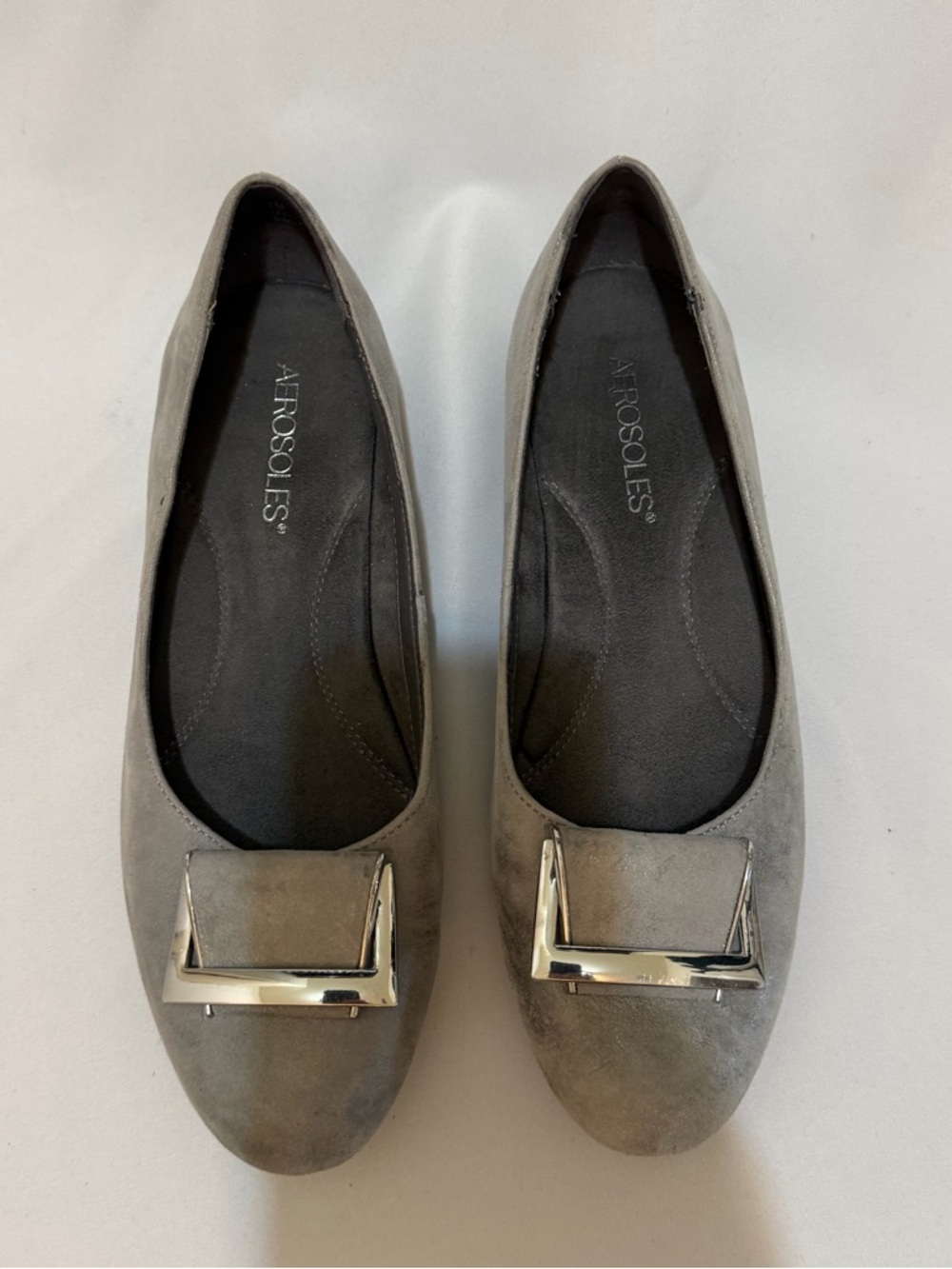 AEROSOLES Gray Suede Loafers with Silver Buckle - Picture 2 of 6